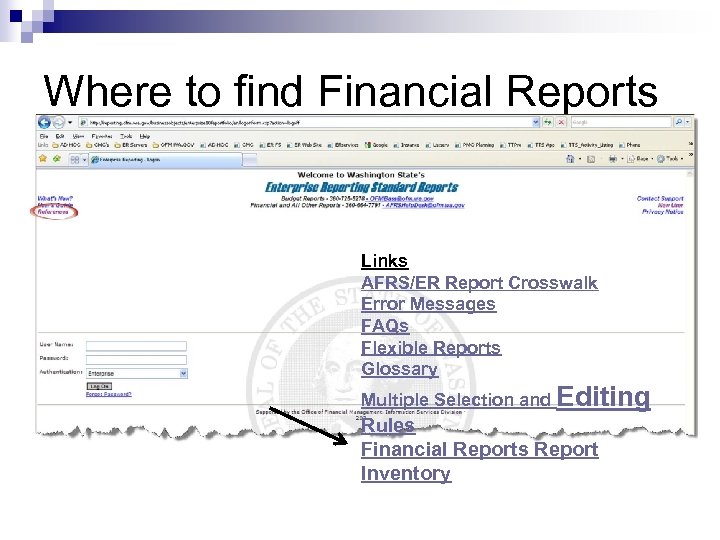 Where to find Financial Reports Links AFRS/ER Report Crosswalk Error Messages FAQs Flexible Reports