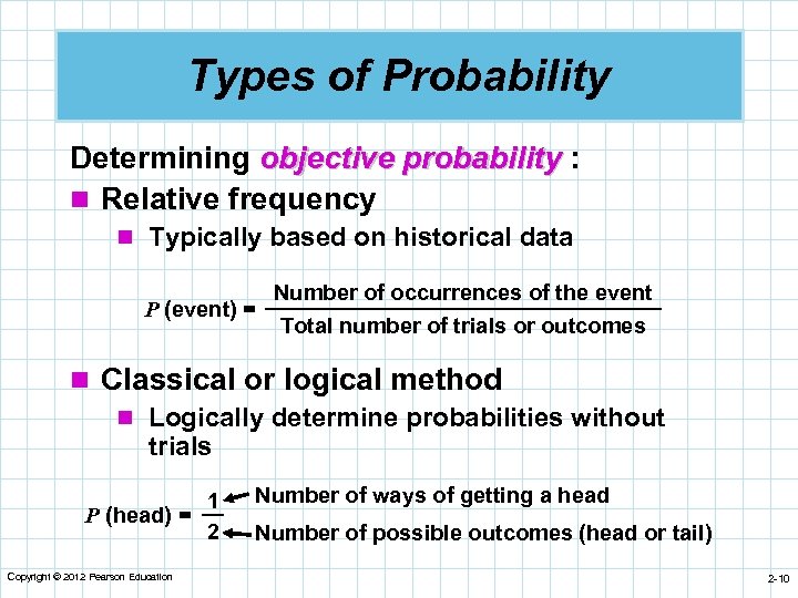 Types of Probability Determining objective probability : n Relative frequency n Typically based on