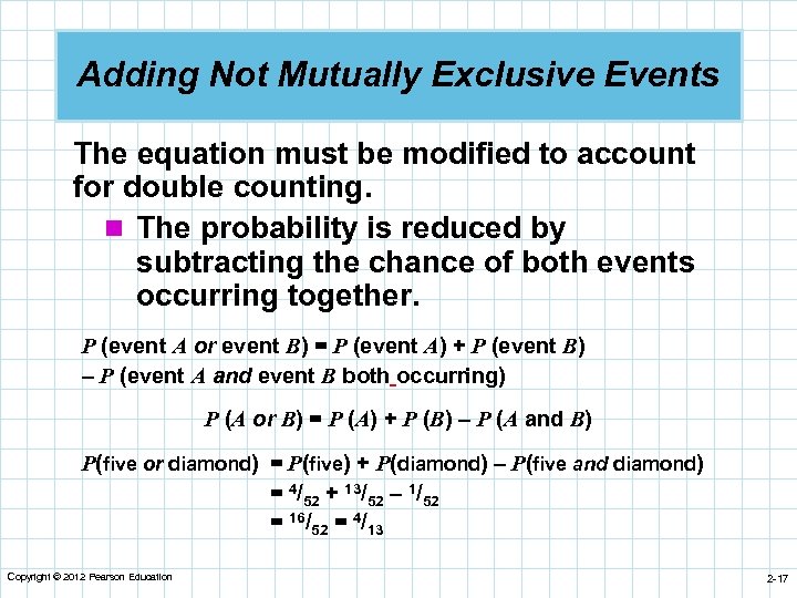 Adding Not Mutually Exclusive Events The equation must be modified to account for double