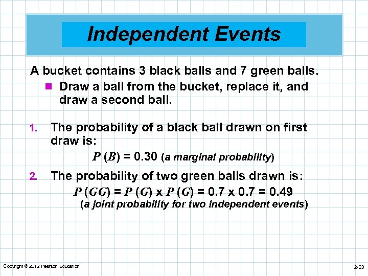 Independent Events A bucket contains 3 black balls and 7 green balls. n Draw