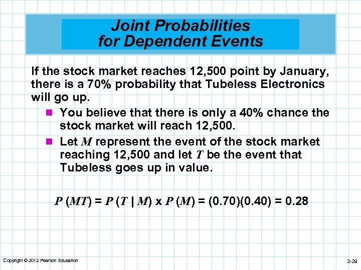 Joint Probabilities for Dependent Events If the stock market reaches 12, 500 point by