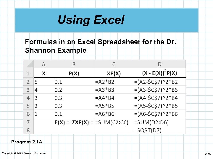 Using Excel Formulas in an Excel Spreadsheet for the Dr. Shannon Example Program 2.