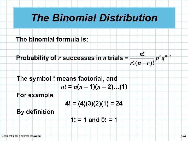 The Binomial Distribution The binomial formula is: The symbol ! means factorial, and n!