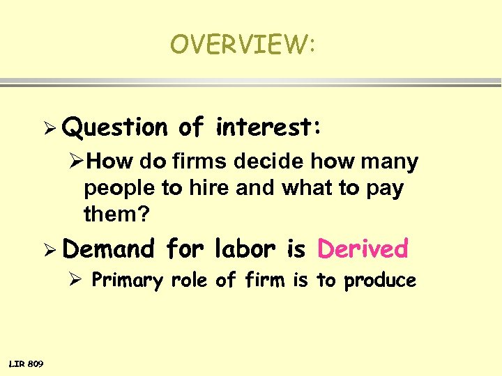 OVERVIEW: Ø Question of interest: ØHow do firms decide how many people to hire