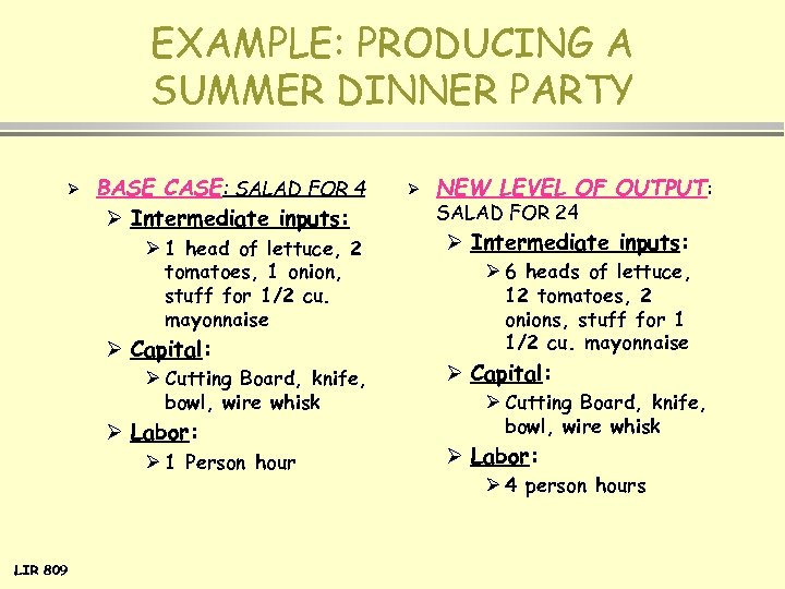 EXAMPLE: PRODUCING A SUMMER DINNER PARTY Ø BASE CASE: SALAD FOR 4 Ø Intermediate