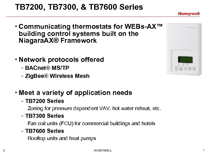TB 7200, TB 7300, & TB 7600 Series • Communicating thermostats for WEBs-AX™ building
