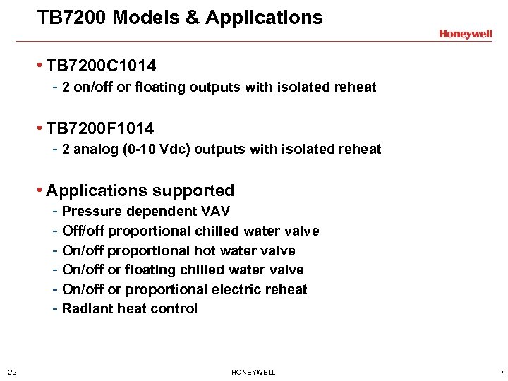 TB 7200 Models & Applications • TB 7200 C 1014 - 2 on/off or