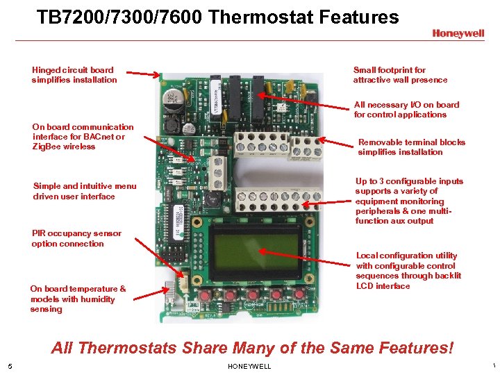 TB 7200/7300/7600 Thermostat Features Small footprint for attractive wall presence Hinged circuit board simplifies