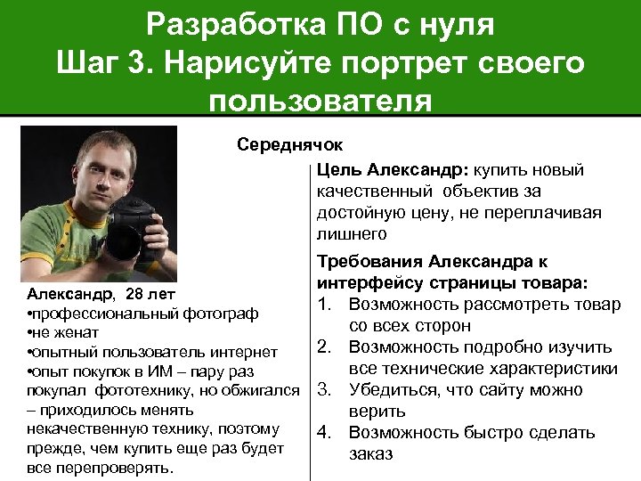 Разработка ПО с нуля Шаг 3. Нарисуйте портрет своего пользователя Середнячок Цель Александр: купить