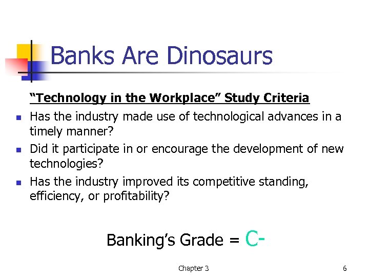 Banks Are Dinosaurs n n n “Technology in the Workplace” Study Criteria Has the