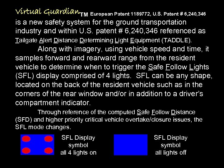 Virtual Guardian. TM European Patent 1189772, U. S. Patent # 6, 240, 346 is