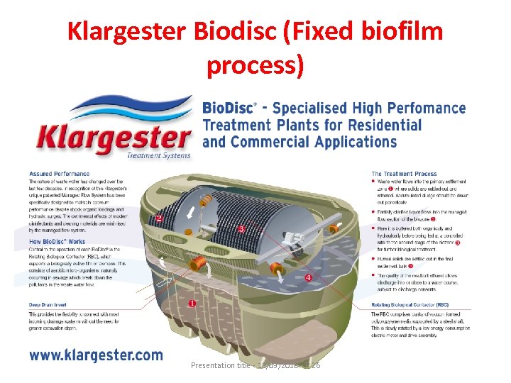 Klargester Biodisc (Fixed biofilm process) Presentation title - 18/03/2018 - P 26 