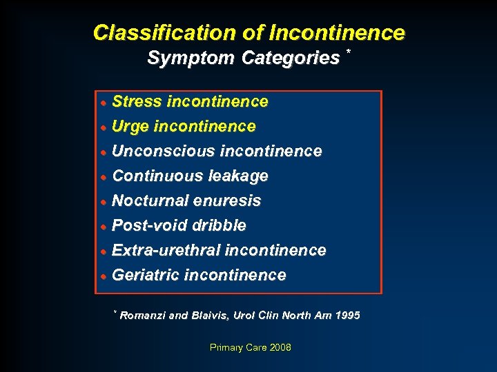 Classification of Incontinence Symptom Categories * · Stress incontinence · Urge incontinence · Unconscious