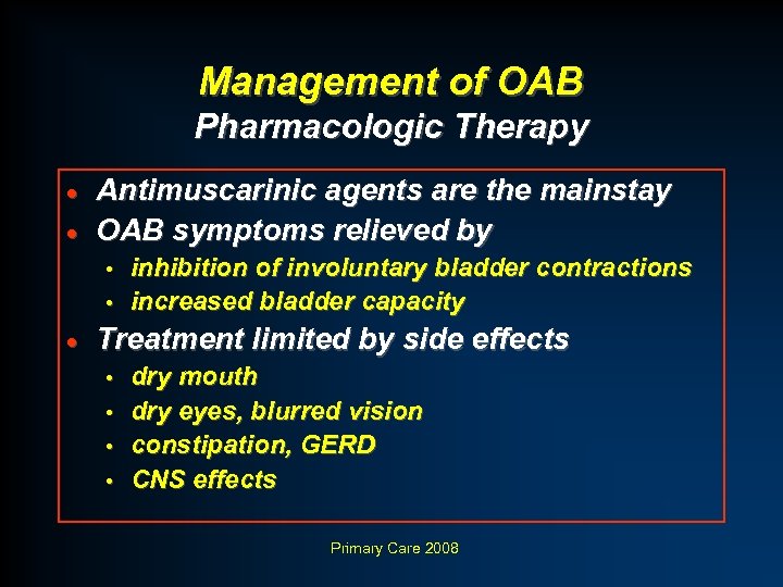 Management of OAB Pharmacologic Therapy Antimuscarinic agents are the mainstay · OAB symptoms relieved