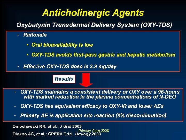 Anticholinergic Agents Oxybutynin Transdermal Delivery System (OXY-TDS) • Rationale • Oral bioavailability is low