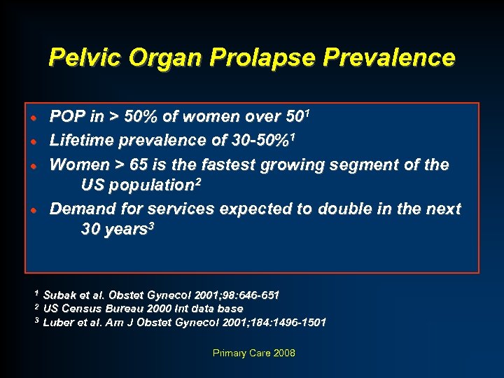 Pelvic Organ Prolapse Prevalence POP in > 50% of women over 501 · Lifetime