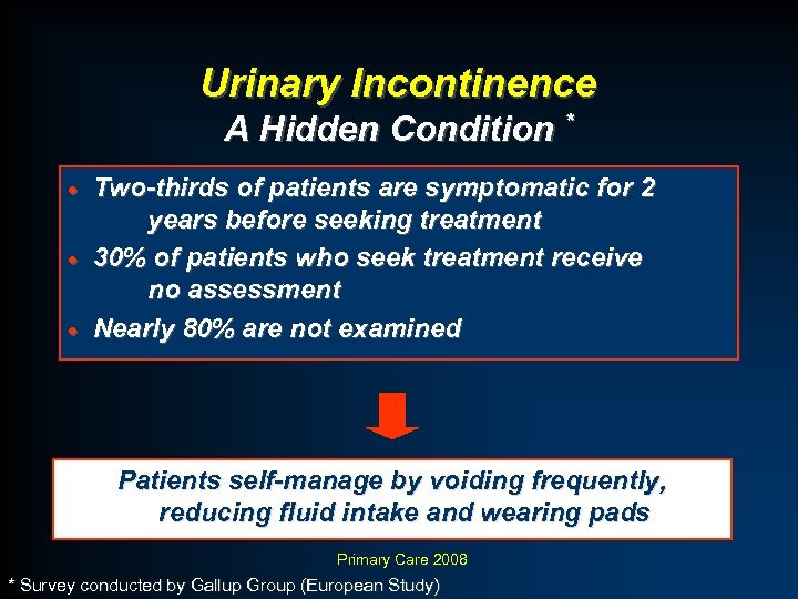 Urinary Incontinence A Hidden Condition * Two-thirds of patients are symptomatic for 2 years