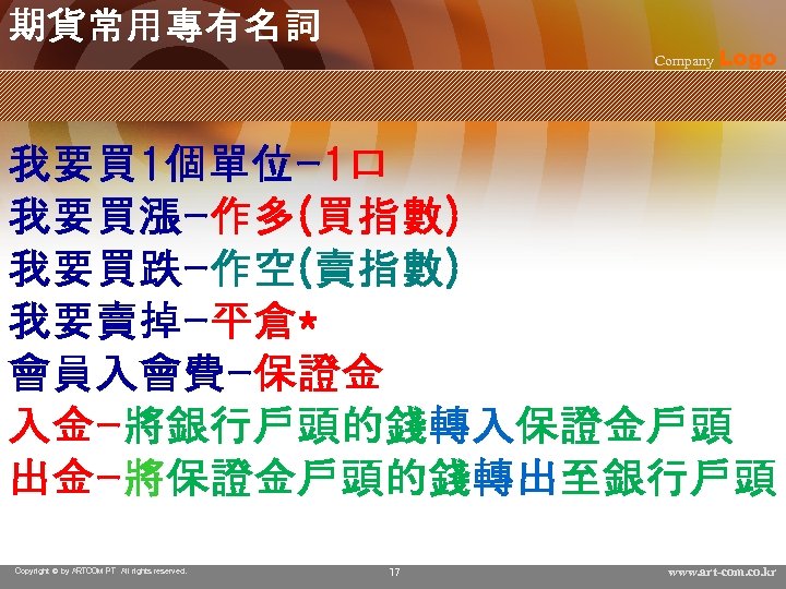 期貨常用專有名詞 Company Logo 我要買 1個單位-1口 我要買漲-作多(買指數) 我要買跌-作空(賣指數) 我要賣掉-平倉* 會員入會費-保證金 入金-將銀行戶頭的錢轉入保證金戶頭 出金-將保證金戶頭的錢轉出至銀行戶頭 Copyright © by