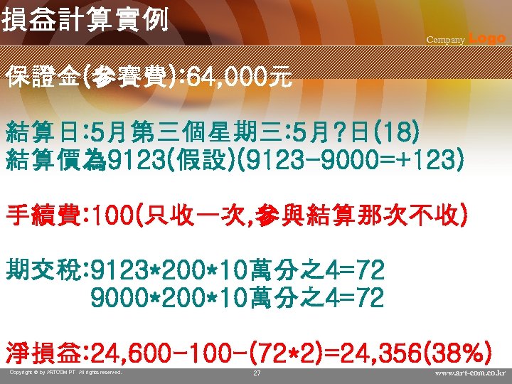 損益計算實例 Company Logo 保證金(參賽費): 64, 000元 結算日: 5月第三個星期三: 5月? 日(18) 結算價為 9123(假設)(9123 -9000=+123) 手續費: