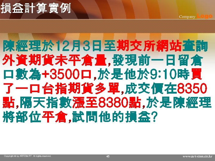 損益計算實例 Company Logo 陳經理於 12月3日至期交所網站查詢 外資期貨未平倉量, 發現前一日留倉 口數為+3500口, 於是他於 9: 10時買 了一口台指期貨多單, 成交價在 8350
