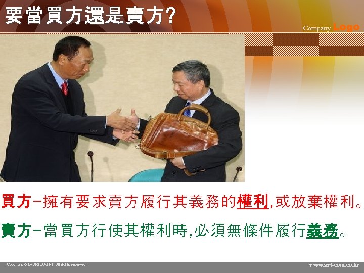 要當買方還是賣方? Company Logo 買方-擁有要求賣方履行其義務的權利, 或放棄權利。 賣方-當買方行使其權利時, 必須無條件履行義務。 Copyright © by ARTCOM PT All rights