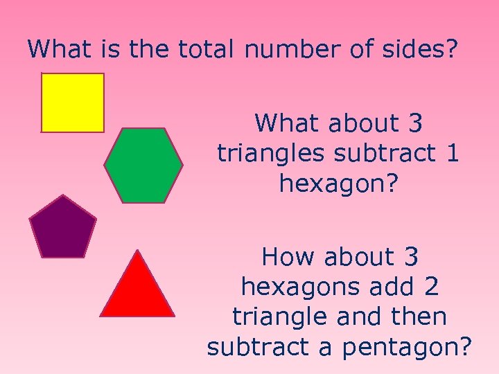 What is the total number of sides? What about 3 triangles subtract 1 hexagon?