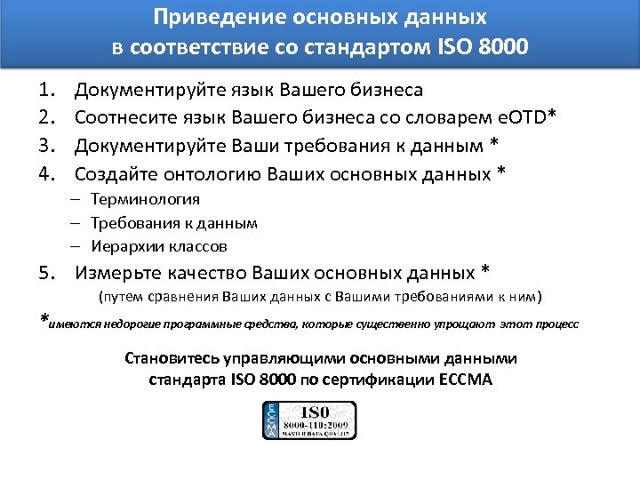 Приведение основных данных в соответствие со стандартом ISO 8000 1. 2. 3. 4. Документируйте