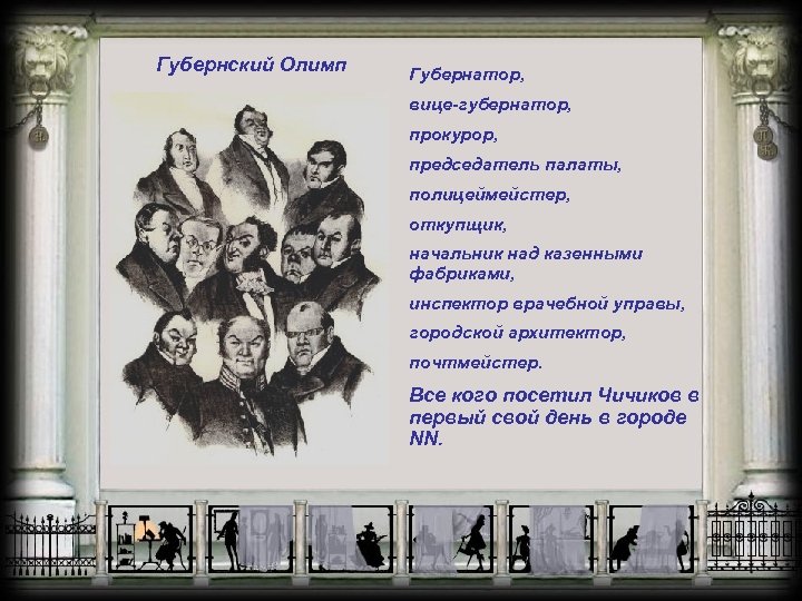 Губернский Олимп Губернатор, вице-губернатор, прокурор, председатель палаты, полицеймейстер, откупщик, начальник над казенными фабриками, инспектор