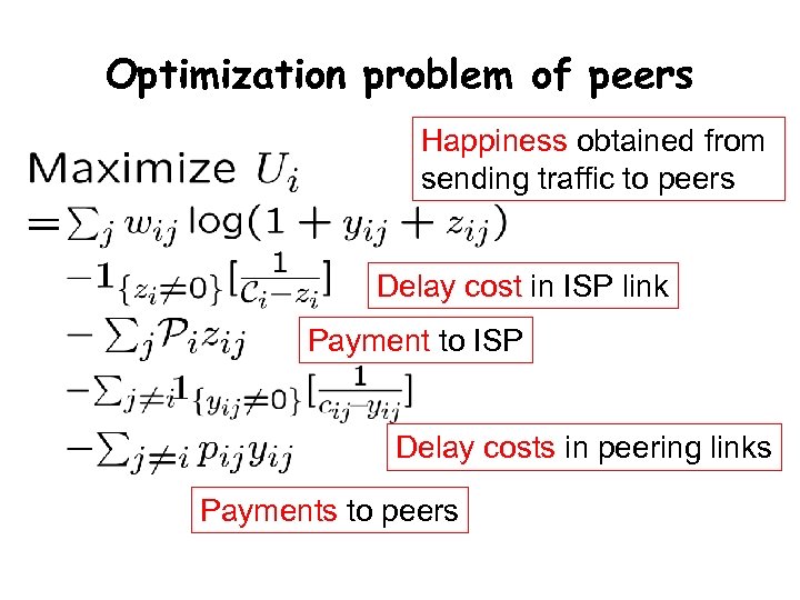 Optimization problem of peers Happiness obtained from sending traffic to peers Delay cost in