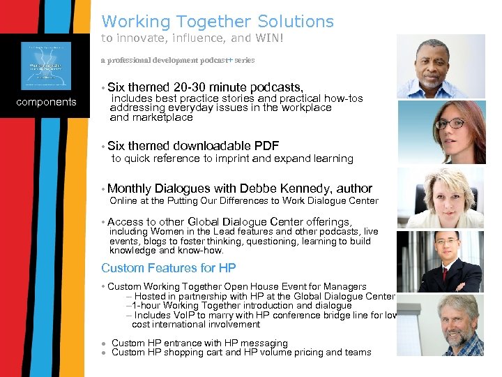 Working Together Solutions to innovate, influence, and WIN! SIX TOPICS components a professional development