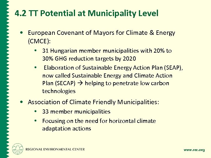4. 2 TT Potential at Municipality Level • European Covenant of Mayors for Climate