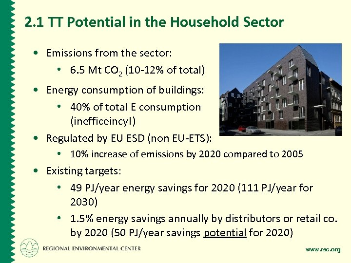 2. 1 TT Potential in the Household Sector • Emissions from the sector: •