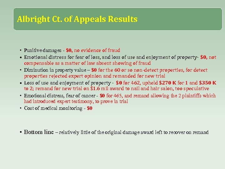 Albright Ct. of Appeals Results • Punitive damages - $0, no evidence of fraud