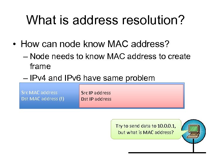 What is address resolution? • How can node know MAC address? – Node needs