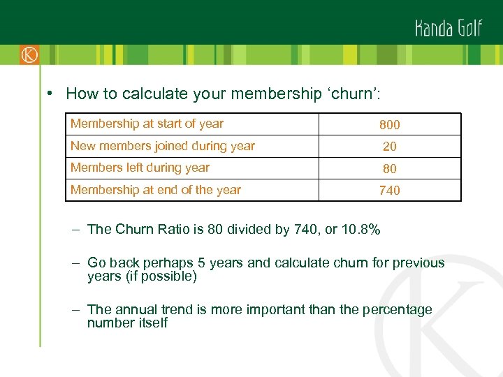  • How to calculate your membership ‘churn’: Membership at start of year 800