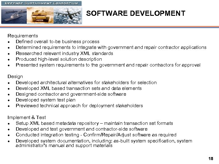 SOFTWARE DEVELOPMENT Requirements l Defined overall to-be business process l Determined requirements to integrate
