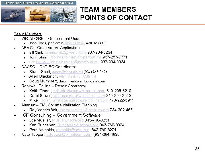 TEAM MEMBERS POINTS OF CONTACT Team Members l WR-ALC/RE – Government User l l