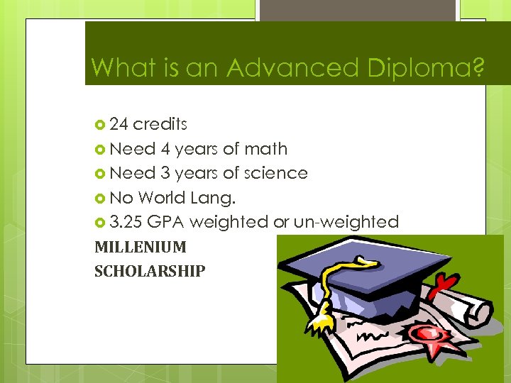 What is an Advanced Diploma? 24 credits Need 4 years of math Need 3