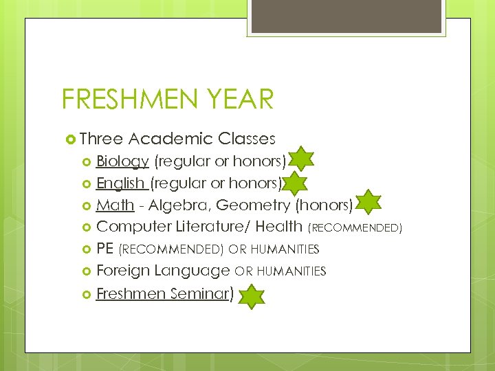 FRESHMEN YEAR Three Academic Classes Biology (regular or honors) English (regular or honors) Math