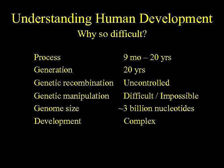 Understanding Human Development Why so difficult? Process 9 mo – 20 yrs Generation 20