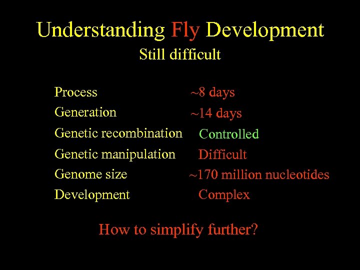 Understanding Fly Development Still difficult Process ~8 mo – 20 yrs 9 days Generation