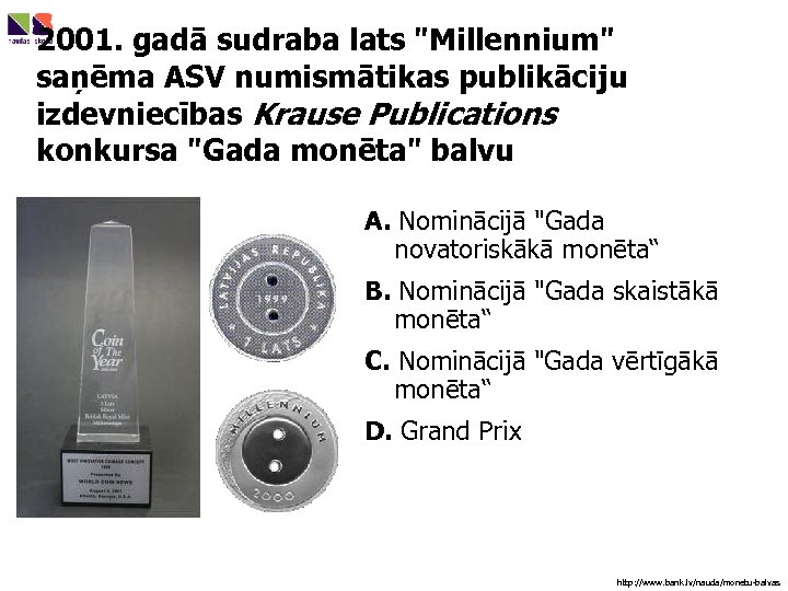 2001. gadā sudraba lats "Millennium" saņēma ASV numismātikas publikāciju izdevniecības Krause Publications konkursa "Gada
