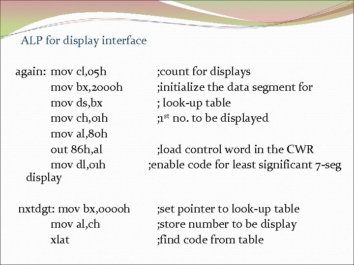 ALP for display interface again: mov cl, 05 h mov bx, 2000 h mov