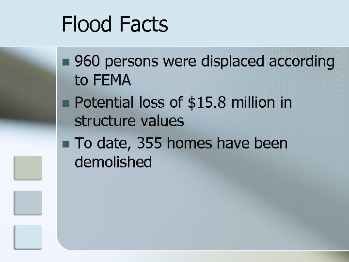 Flood Facts 960 persons were displaced according to FEMA n Potential loss of $15.