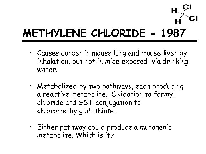 METHYLENE CHLORIDE - 1987 • Causes cancer in mouse lung and mouse liver by