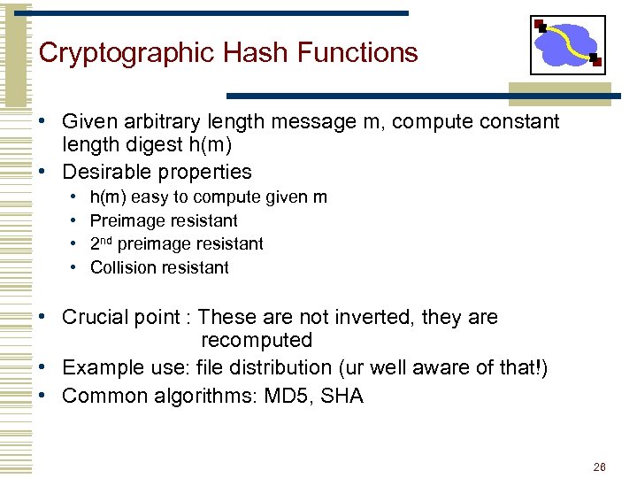Cryptographic Hash Functions • Given arbitrary length message m, compute constant length digest h(m)
