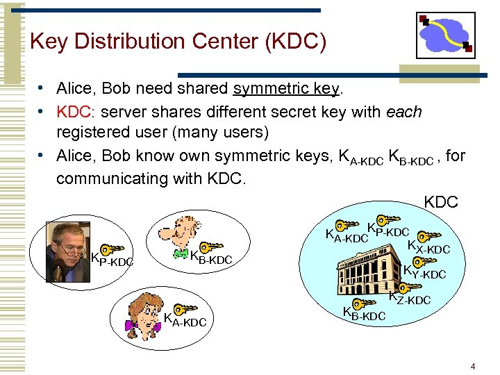 Key Distribution Center (KDC) • Alice, Bob need shared symmetric key. • KDC: server