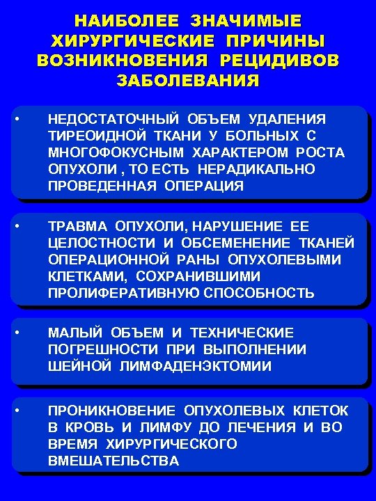 НАИБОЛЕЕ ЗНАЧИМЫЕ ХИРУРГИЧЕСКИЕ ПРИЧИНЫ ВОЗНИКНОВЕНИЯ РЕЦИДИВОВ ЗАБОЛЕВАНИЯ • НЕДОСТАТОЧНЫЙ ОБЪЕМ УДАЛЕНИЯ ТИРЕОИДНОЙ ТКАНИ У