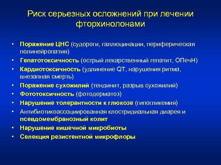 Риск серьезных осложнений при лечении фторхинолонами • Поражение ЦНС (судороги, галлюцинации, периферическая полинейропатия) •