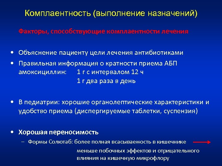 Комплаентность (выполнение назначений) Факторы, способствующие комплаентности лечения • Объяснение пациенту цели лечения антибиотиками •